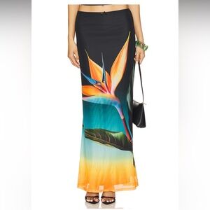 Tropical Bird of Paradise Maxi Skirt - Black/Orange/Teal